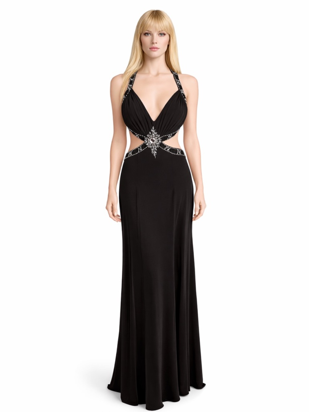 David's Bridal Black Evening Halter Gown with Beaded Cutouts